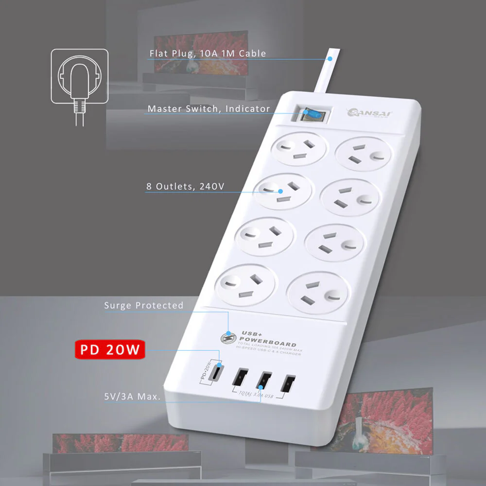 Sansai 8-Way Power Outlet USB-A and USB-C Surge Protector 2400W - Image 5