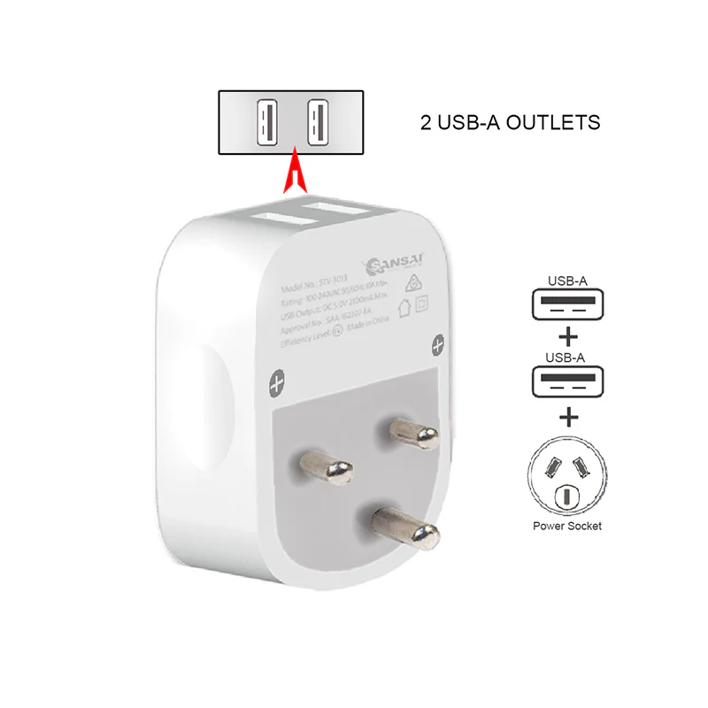 Sansai Travel Adaptor with 2 x USB Ports - AU/India Region - Image 3