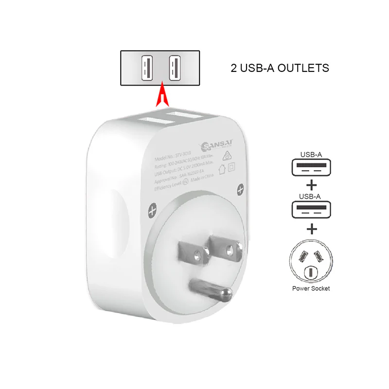 Sansai Travel Adaptor with 2 x USB Ports - AU/USA Region - Image 3