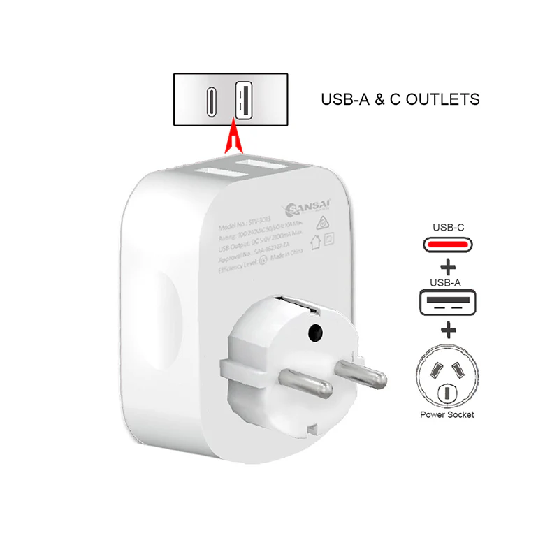 Sansai Travel Adaptor with USB-C And USB-A Port - AU/Europe Region - Image 3