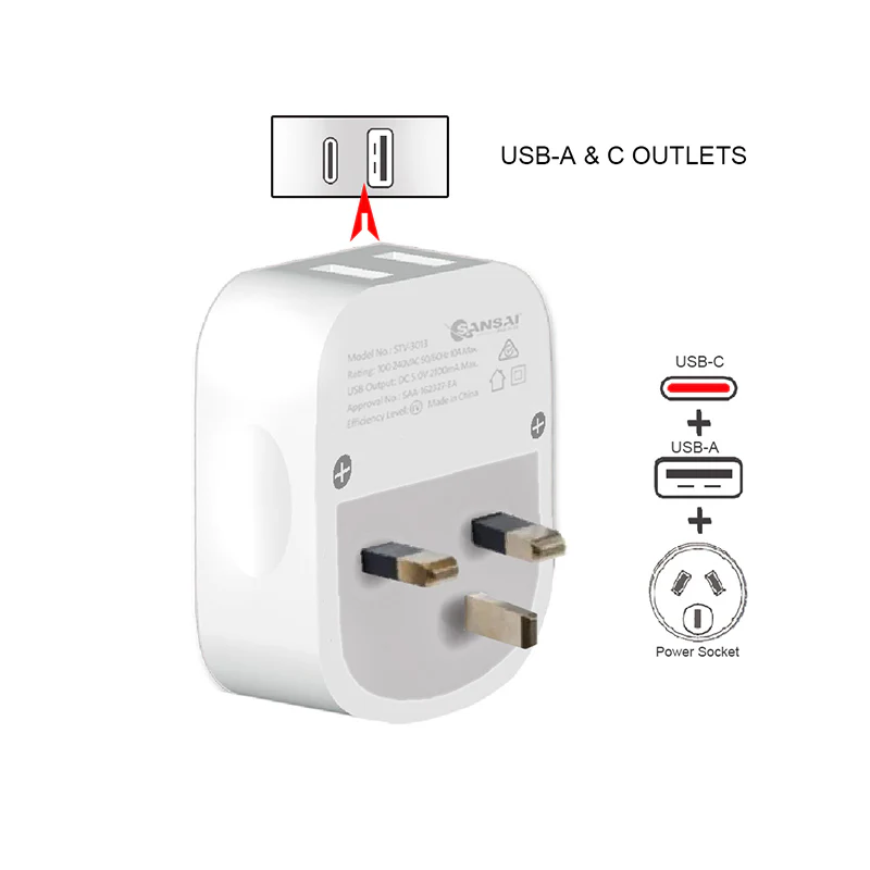 Sansai Travel Adaptor with USB-C And USB-A Port - AU/UK Region - Image 3