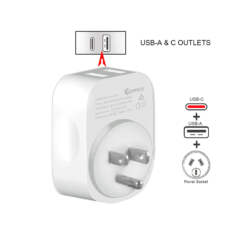 Sansai Travel Adaptor with USB-C And USB-A Port - AU/USA Region - Image 3