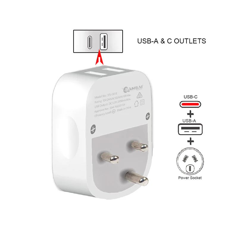Sansai Travel Adaptor with USB-C And USB-A Port - AU/ZA Region - Image 3
