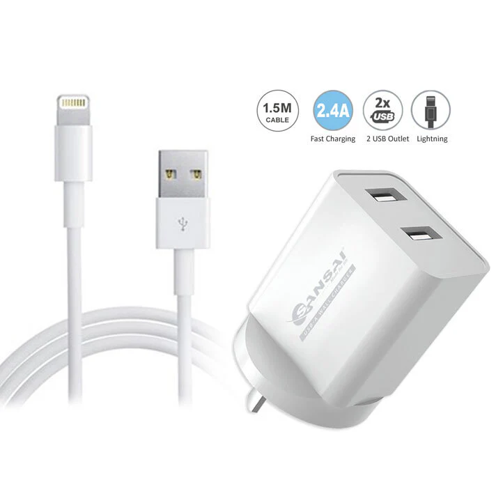 Sansai Wall Charger with 2 USB Ports & iPhone Charging Cable - Image 2
