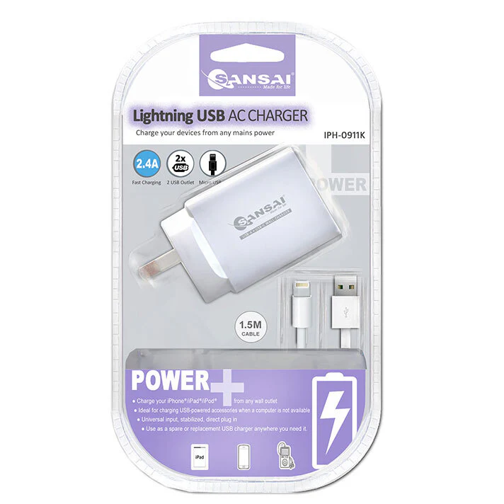 Sansai Wall Charger with 2 USB Ports & iPhone Charging Cable - Image 3