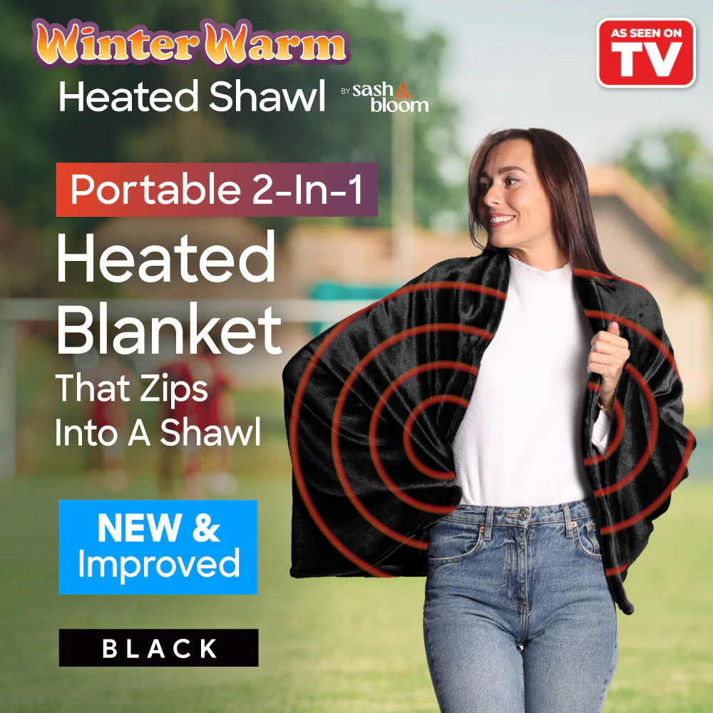 Sash & Bloom Winter Warm Heated Shawl Black - Portable 2-in-1 Super-Soft Heated Blanket That Zips Into A Shawl - Image 2