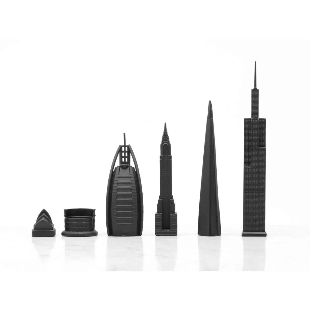 Skyline Chess 33pc Set World Icons Edition with Wooden Board (Black/Grey) - Image 3