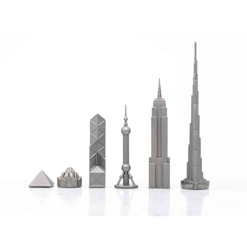 Skyline Chess 33pc Set World Icons Edition with Wooden Board (Black/Grey) - Image 4