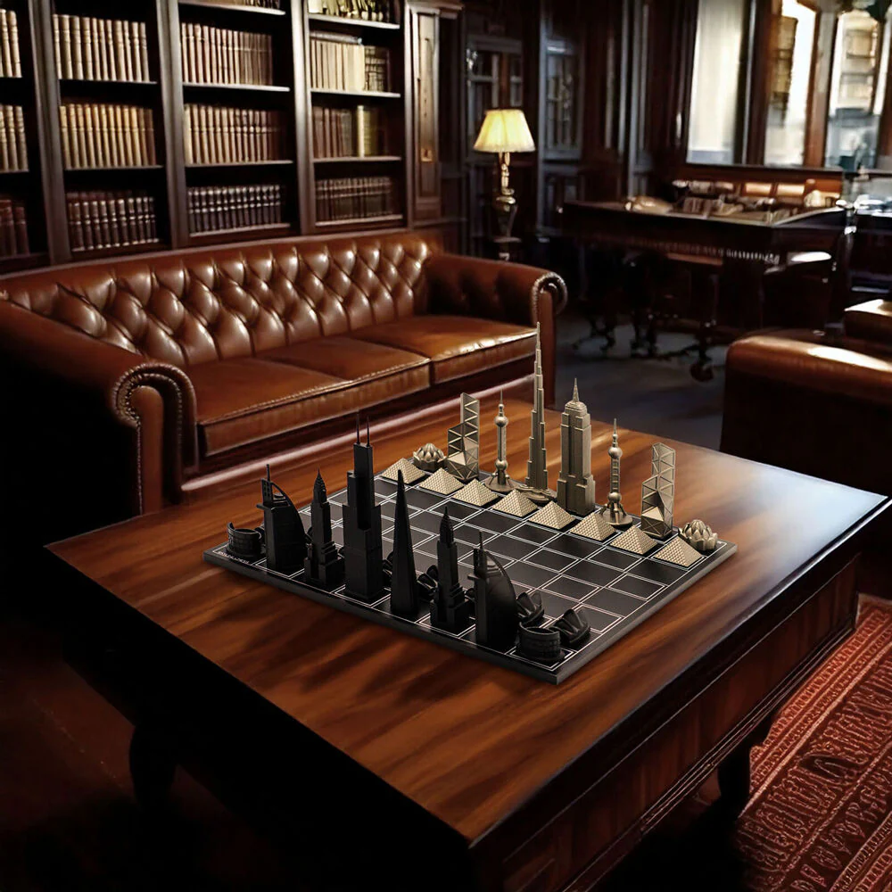 Skyline Chess 33pc Set World Icons Edition with Wooden Board (Black/Grey) - Image 5