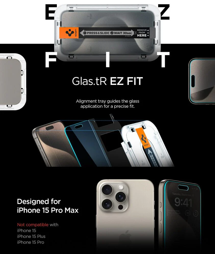 Spigen Apple iPhone 15 Pro Max EZ Fit GLAS.tR Privacy 2PCS Glass Screen Protector - Black - Image 3