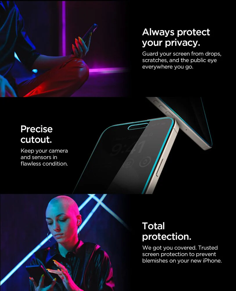 Spigen Apple iPhone 15 Pro Max EZ Fit GLAS.tR Privacy 2PCS Glass Screen Protector - Black - Image 5