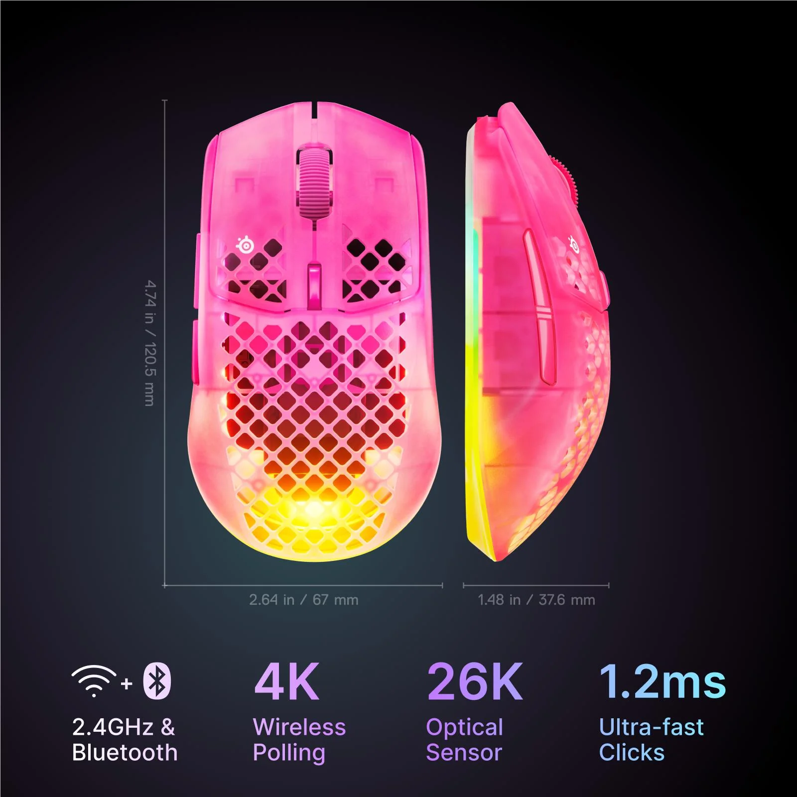 SteelSeries Aerox 3 Gen 2 Wireless Gaming Mouse Magenta Haze - Image 2