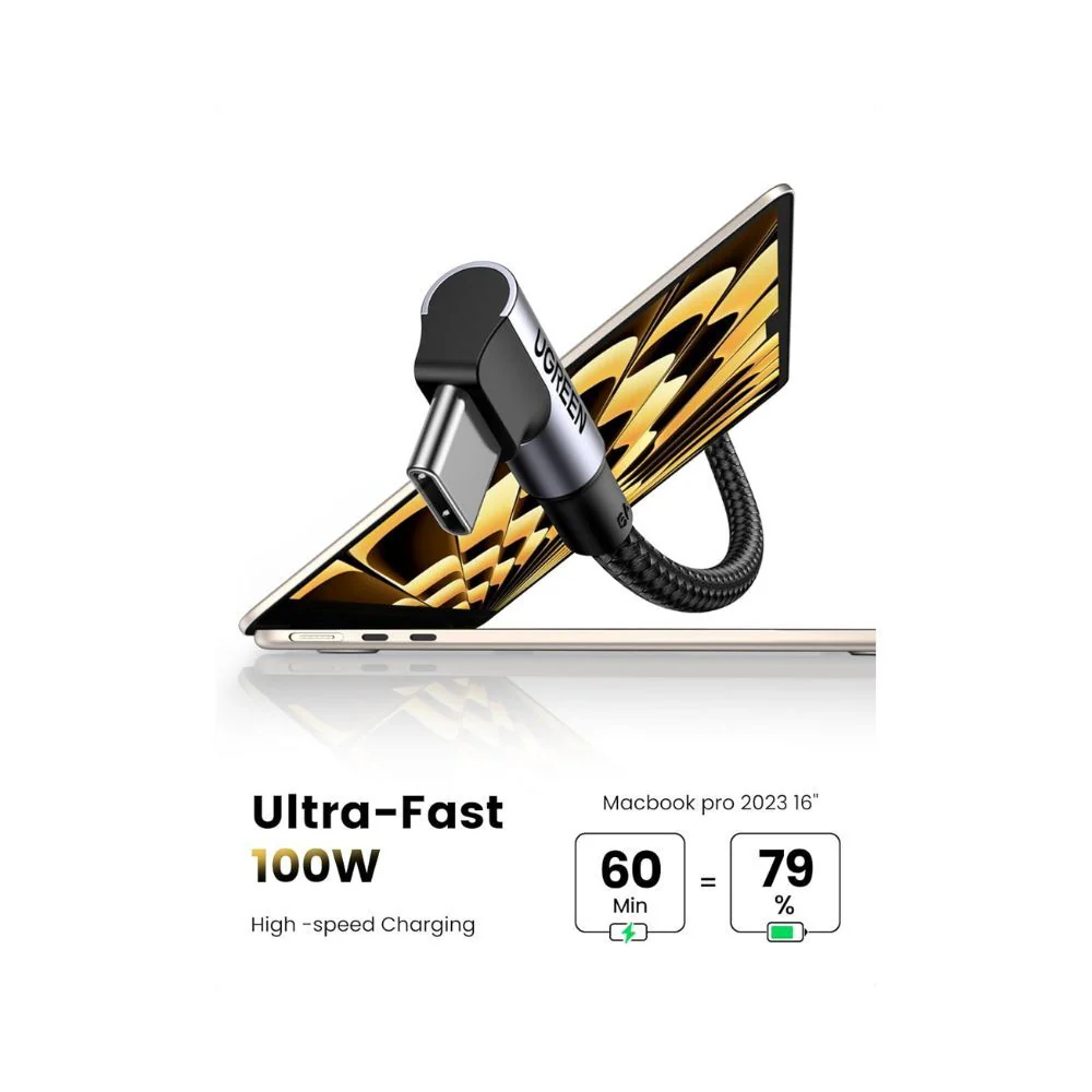 UGREEN 90 Degree Angle USB-C Male to USB-C Male 100W Braided Cable 2m - Image 2