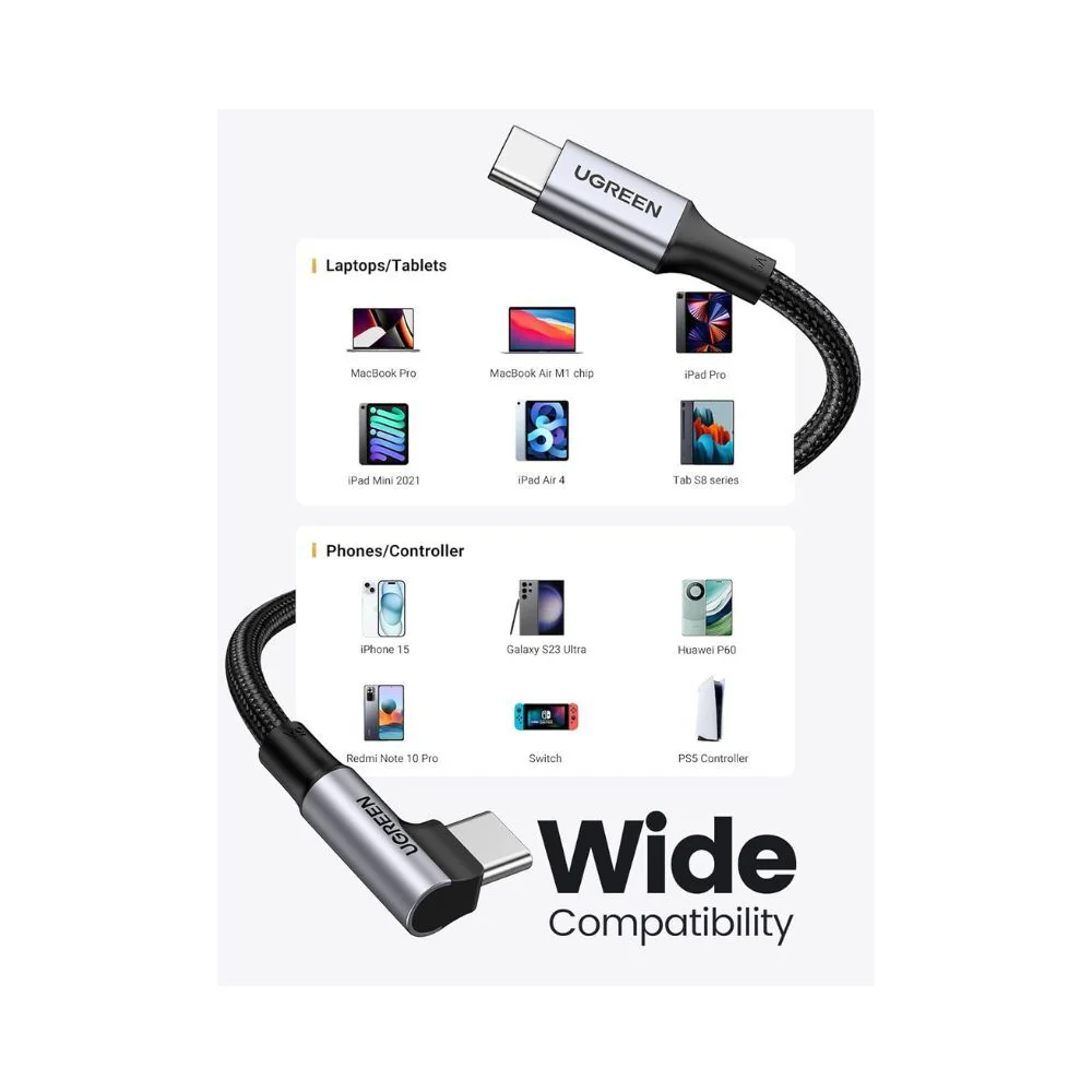 UGREEN 90 Degree Angle USB-C Male to USB-C Male 100W Braided Cable 2m - Image 5