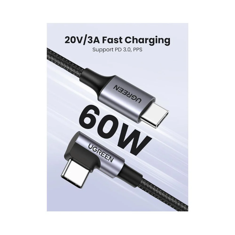 UGREEN 90 Degree Angle USB-C Male to USB-C Male 60W Braided Cable 1m - Image 2
