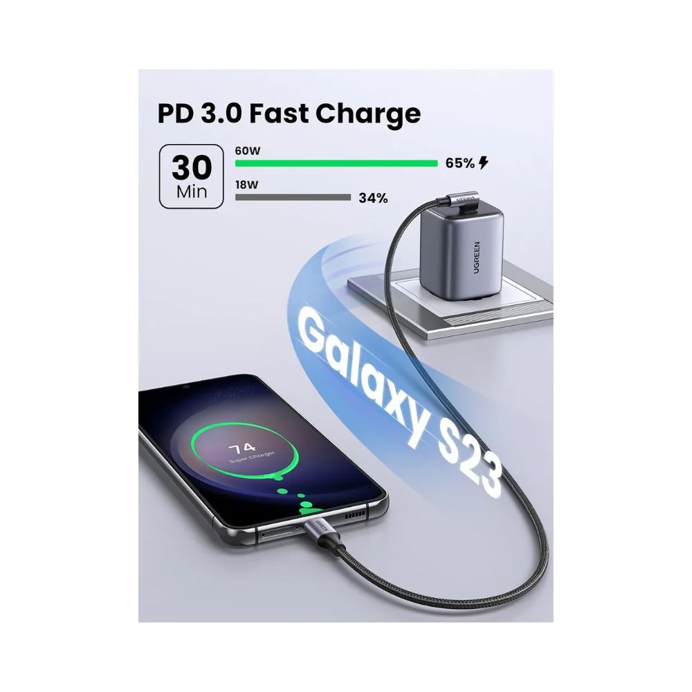 UGREEN 90 Degree Angle USB-C Male to USB-C Male 60W Braided Cable 1m - Image 3