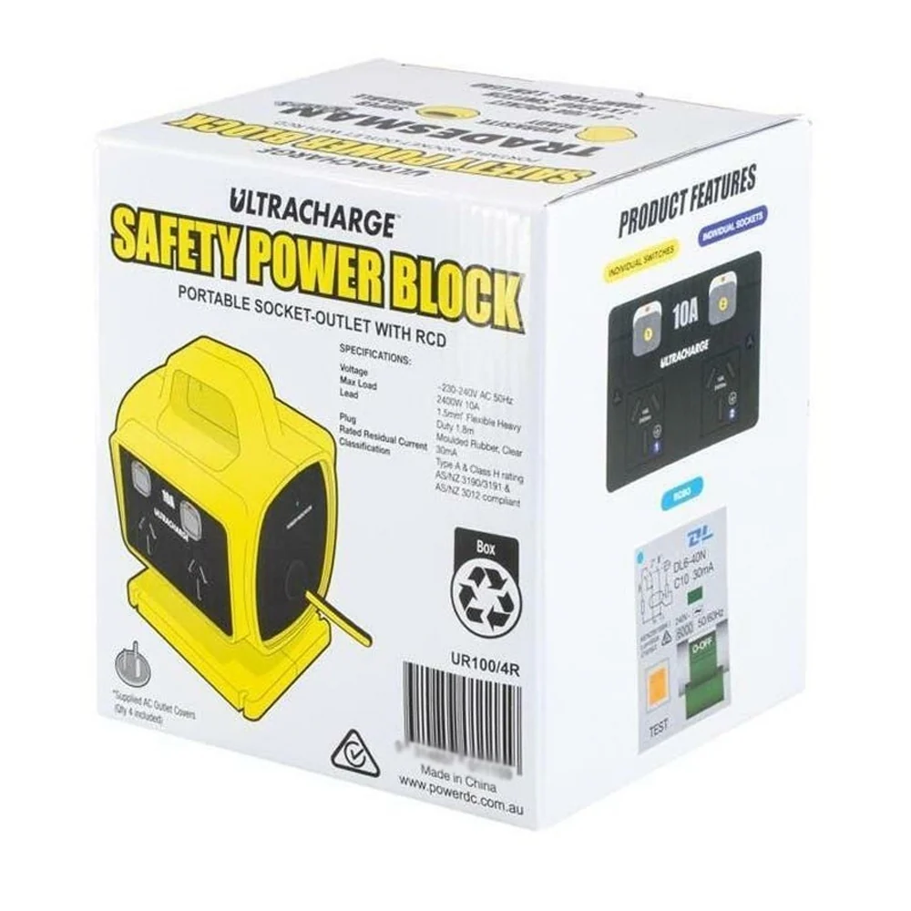 Ultracharge 10A 4-Way RCD Safety Power Block with Plug Sockets (Yellow) - Image 3