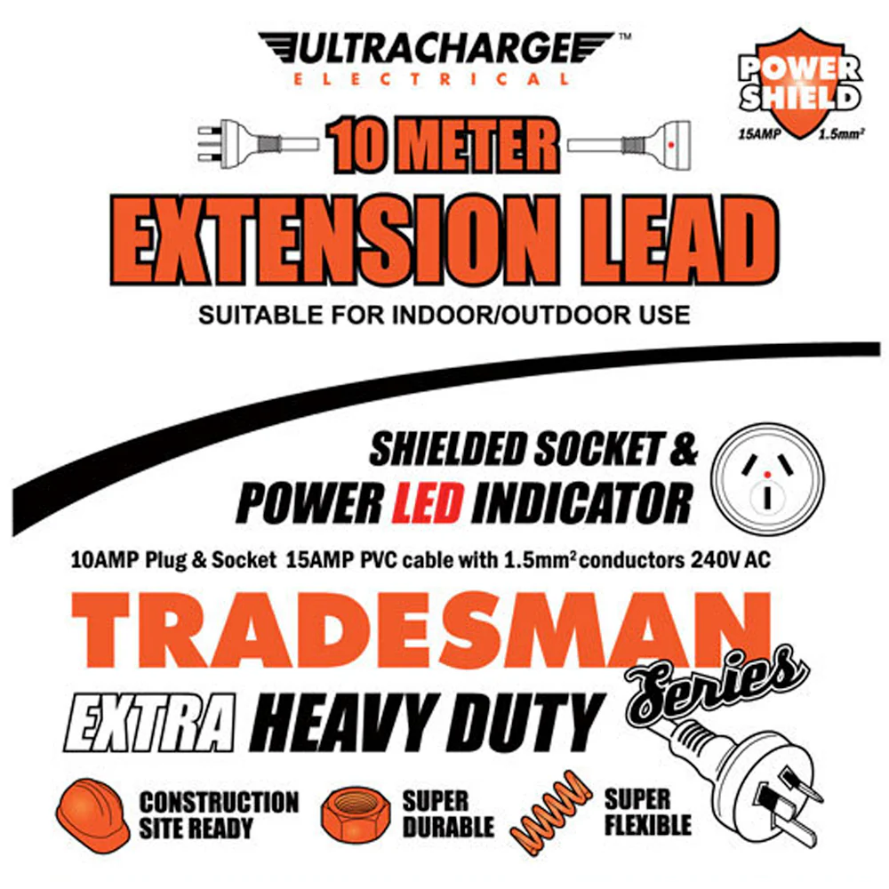 Ultracharge 10m Outdoor Heavy-Duty Extension Lead 10A (Orange) - Image 3