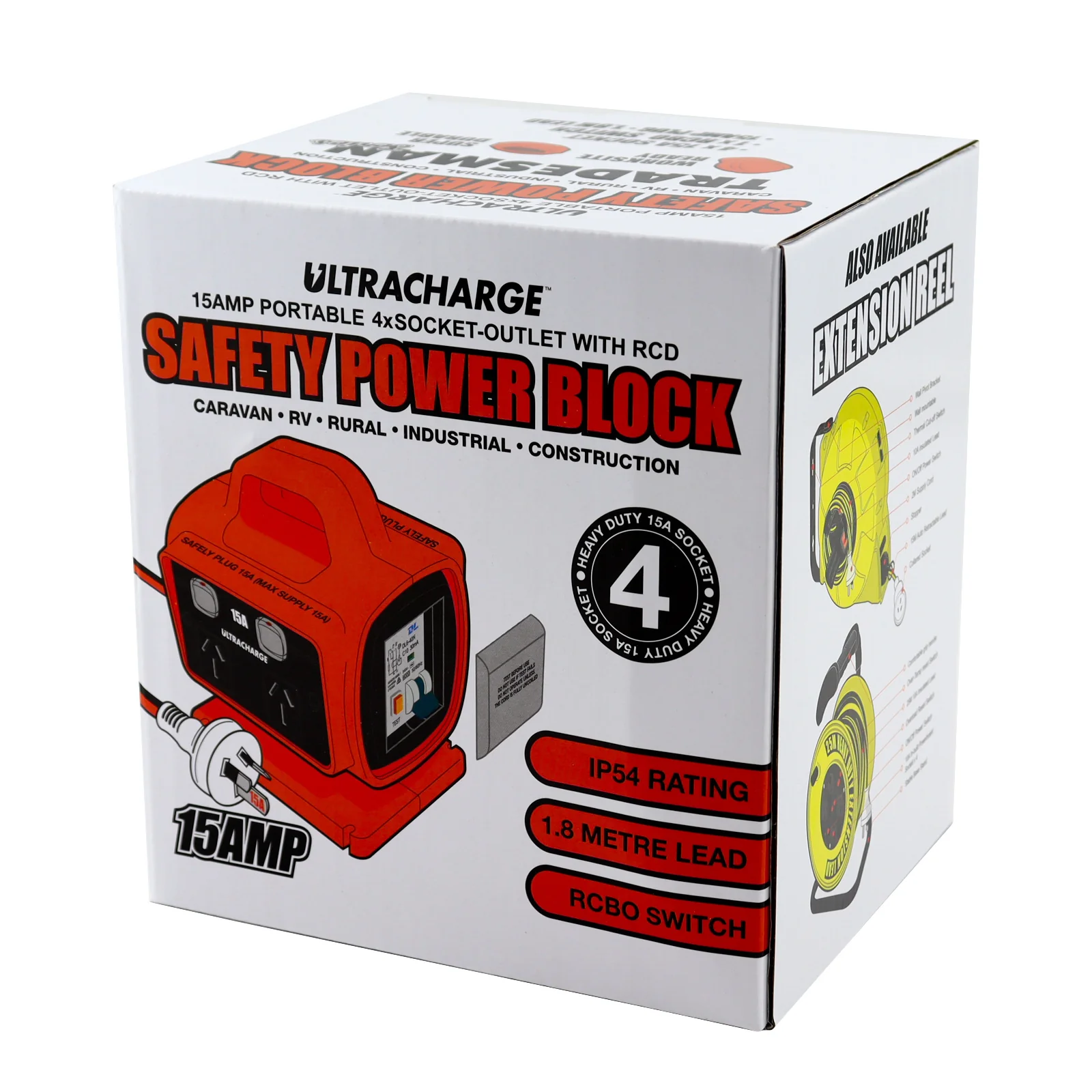 Ultracharge 15A 4-Way Outlet RCD Safety Power Block with 15A Plug (Red) - Image 3