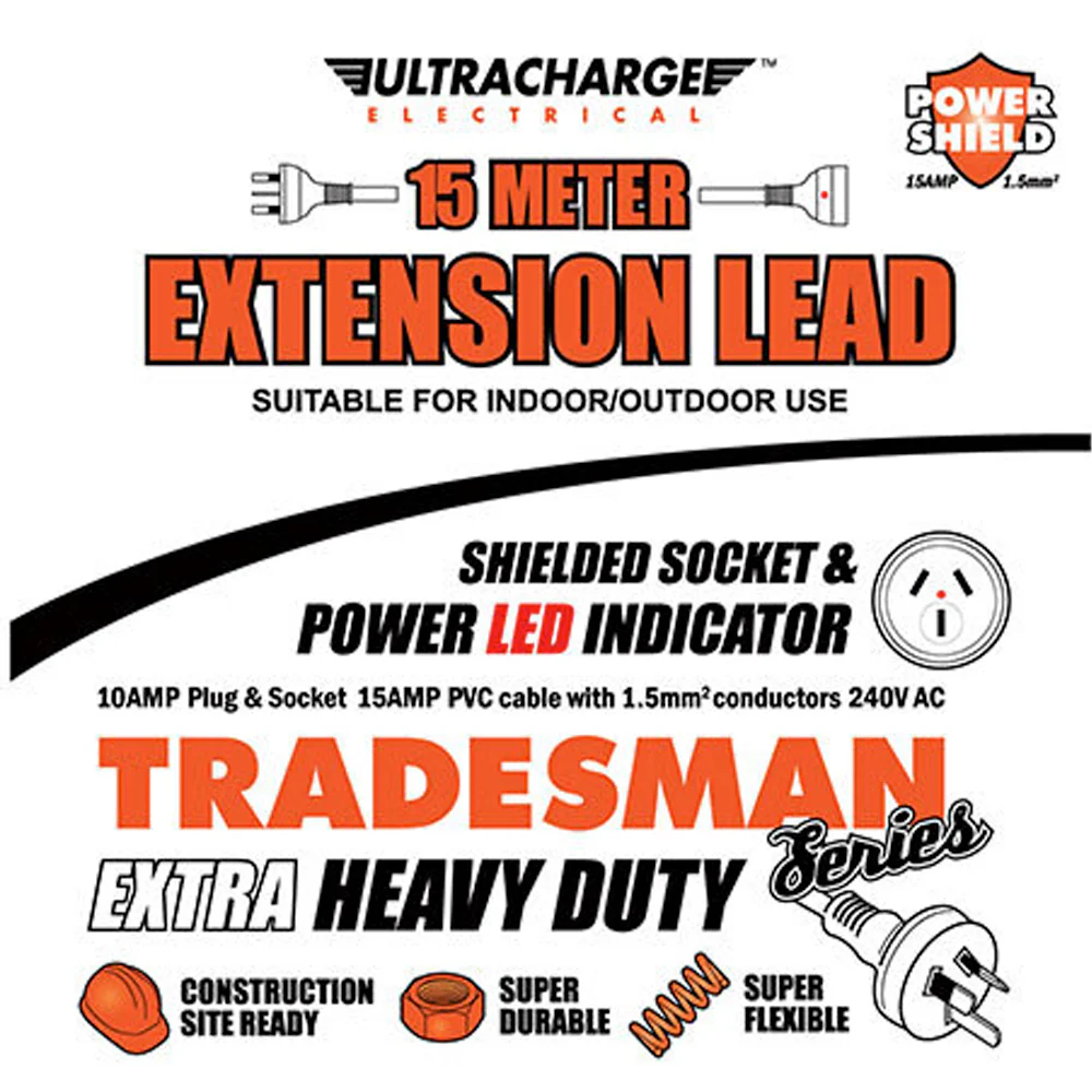 Ultracharge 15m Extra Heavy-Duty Extension Lead 10A (Red) - Image 3