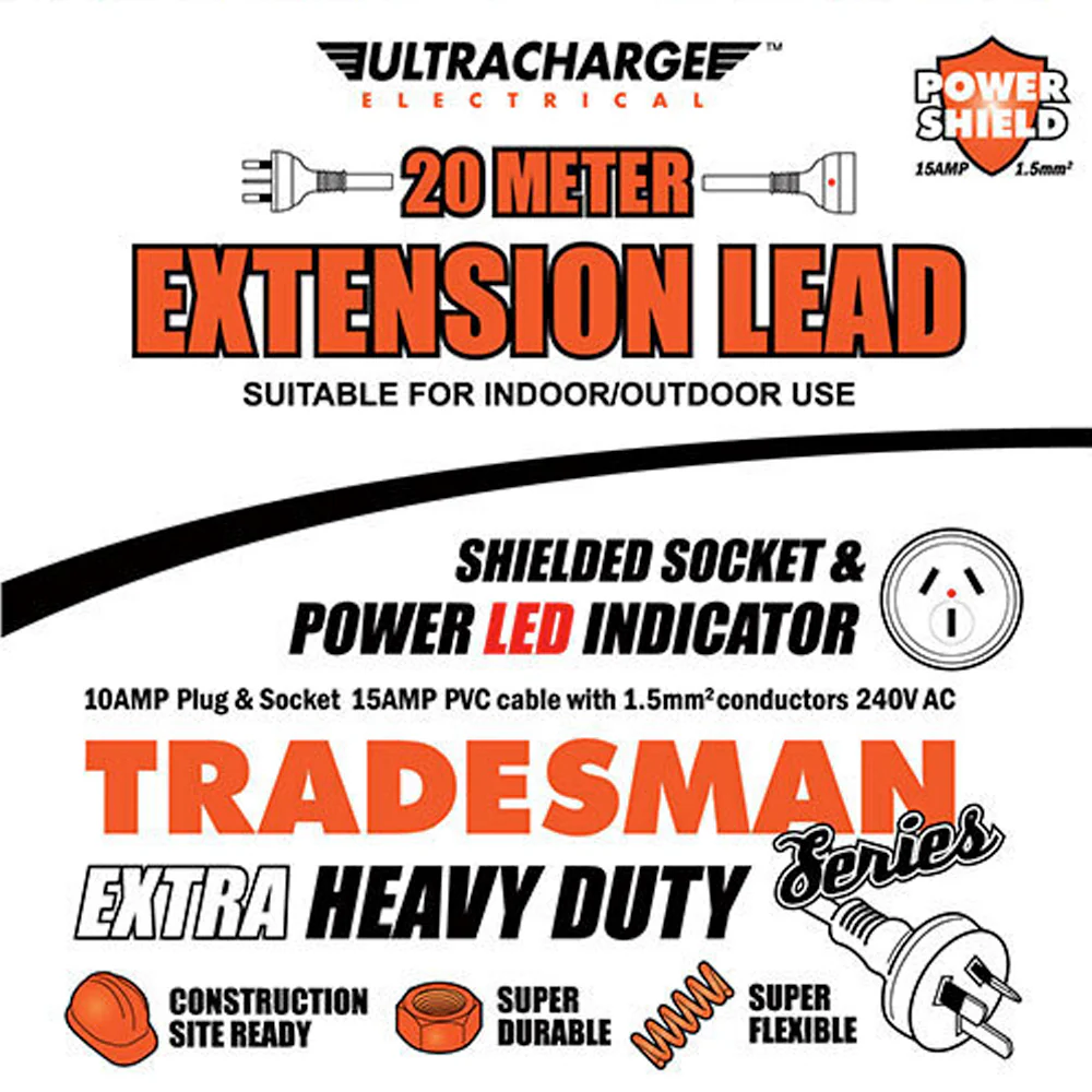Ultracharge 20m Extra Heavy-Duty Extension Lead 10A (Red) - Image 3