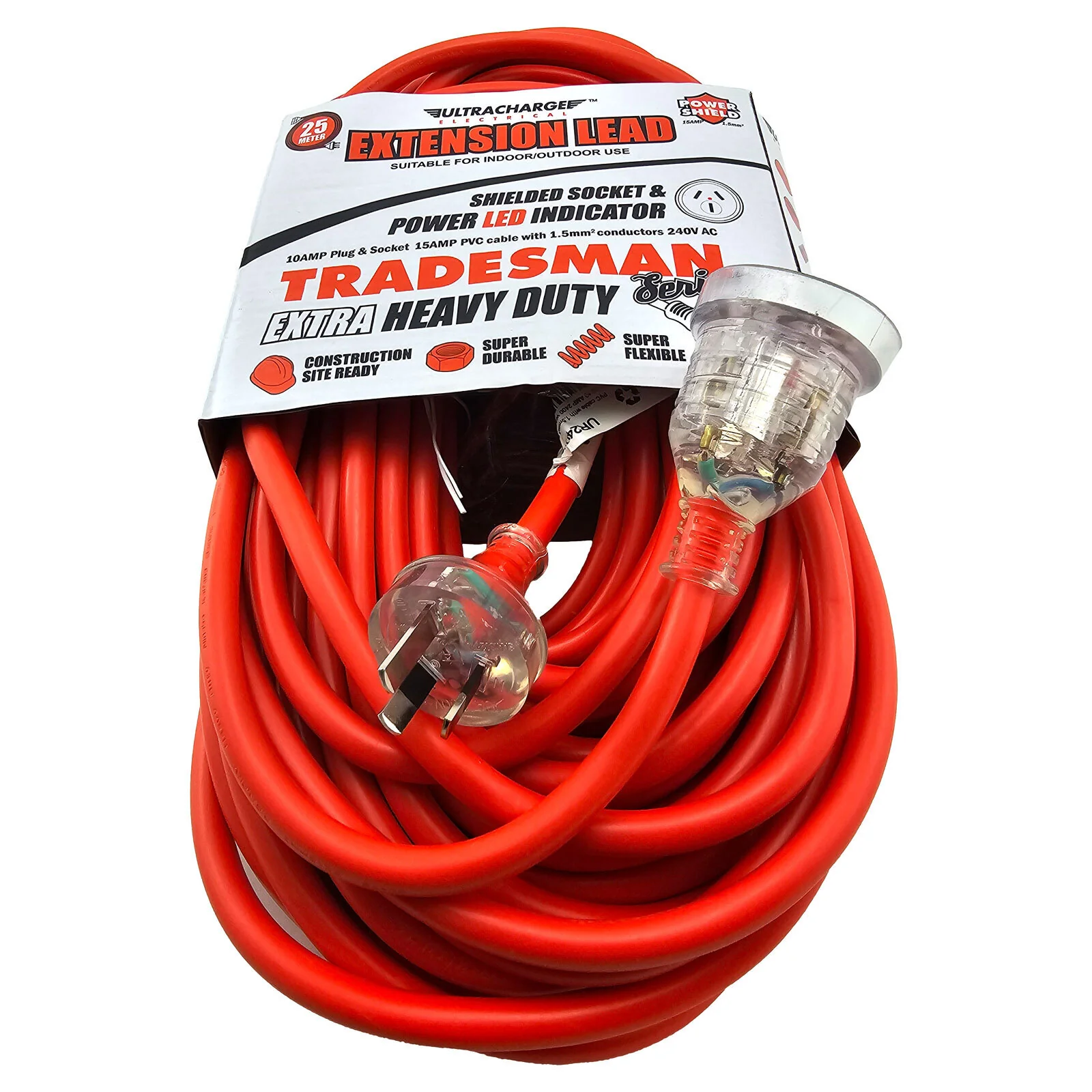 Ultracharge 25m Extension Lead 10A Extra Heavy Duty (Red) - Image 3