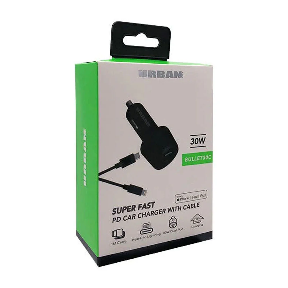 Urban 30w Dual Port Car Charger with 1m Cable (Black) - Image 2