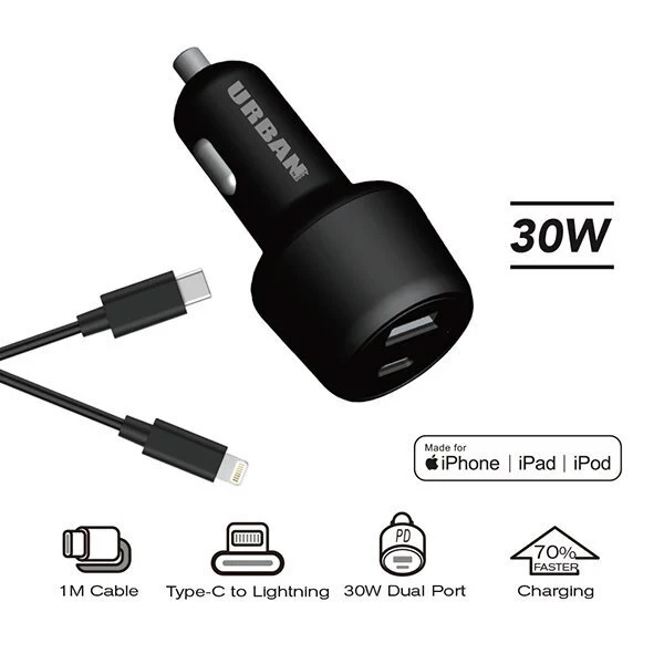 Urban 30w Dual Port Car Charger with 1m Cable (Black) - Image 3