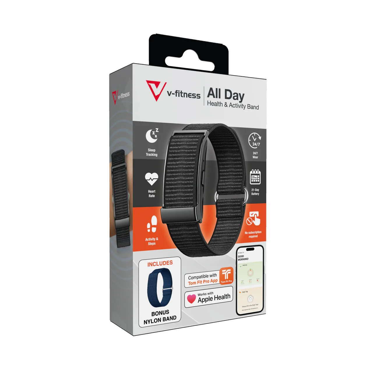 V-Fitness All Day Health and Activity Band with Bonus Strap (Black) - Image 3