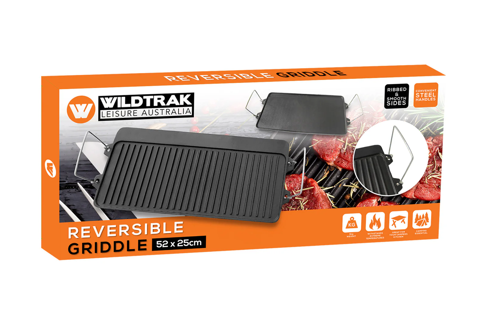 Wildtrak 52cm Reversible Cast Iron BBQ Griddle (Black) - Image 2