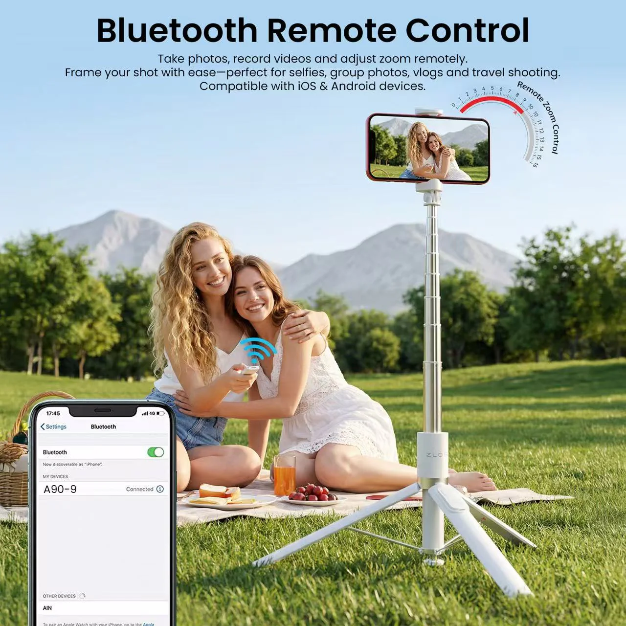 ZLOS Auto-Open Tripod Selfie Stick with Bluetooth Remote (White) - Image 4